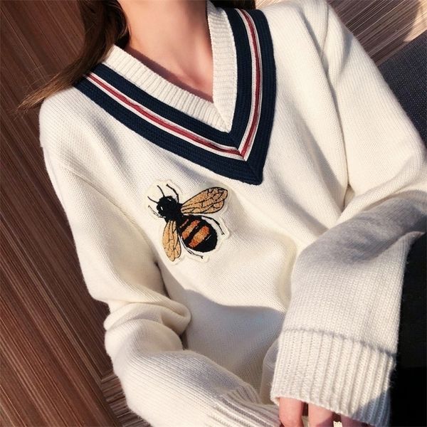 

autumn winter bees knitting v-neck long sleeve pullover female ladies' sweaters embroidery cartoon honeybee femme 201109, White;black