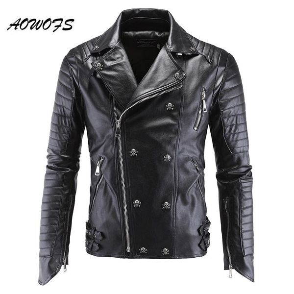 

men's leather & faux aowofs mens jackets black motorcycle pp skull rivets zipper slim fit quilted punk jacket biker coat 5xl