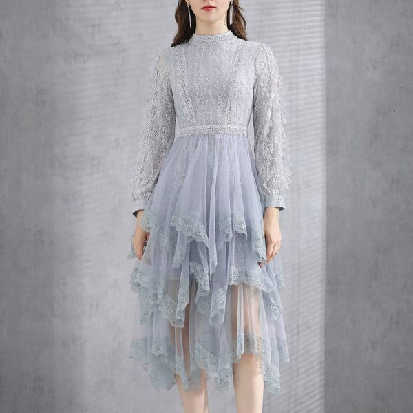 

2021 new fall style tulle lace long sleeve thin temperament mid length dress women's clothes 3e97, Black;gray