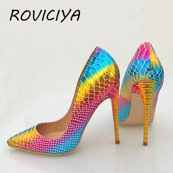 

pattern snake print 12cm high heel pointed toe shallow 10cm 8cm thin heels ladies night club shoes qp076 roviciya, Black