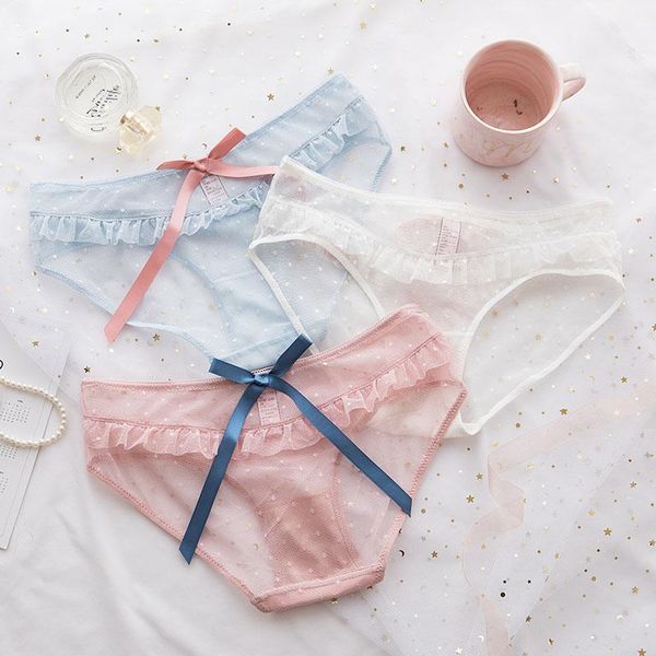 

transparent gauze underwear women lace hollow out slim japanese girl big bow low waist briefs dessous femme lace briefs women1, Black;pink