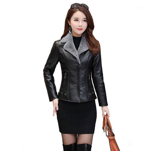 

winter 2020 new short leather thickening wool warm fur korean fashion women overcoat pu leather coat short outfit trench1, Tan;black