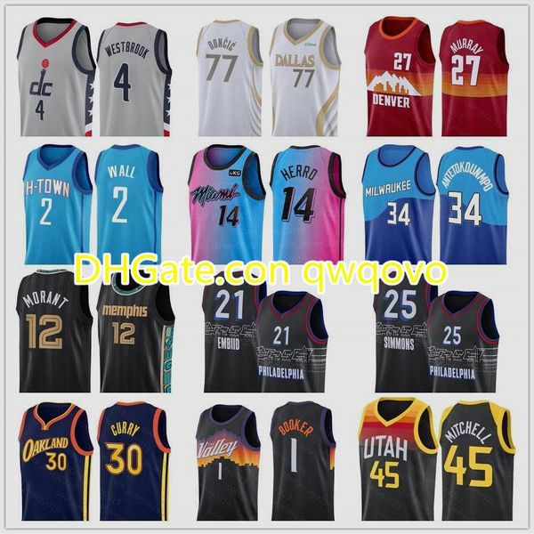

new basketball jerseys doncic booker paul morant curry jokic murray antetokounmpo donovan mitchell herro wade butler adebayo wall wetsbrook, Black;red