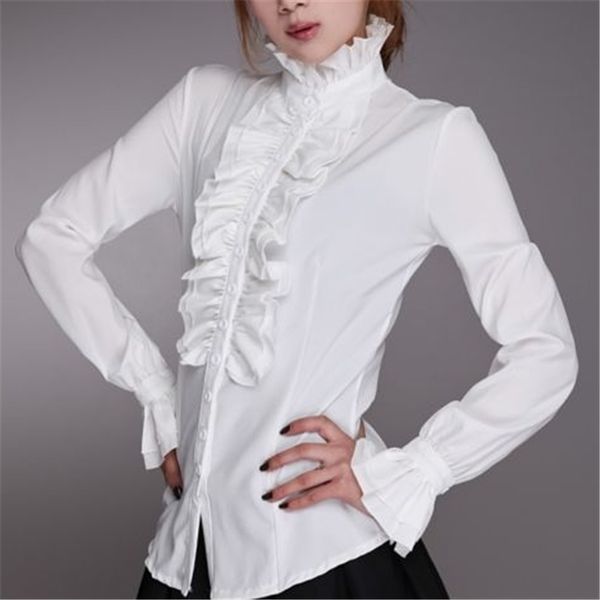 

victorian women ladies bell long sleeve shirts high neck frill ruffle blouse ol office lady shirts ruffle cuff shirts clothing y200402, White