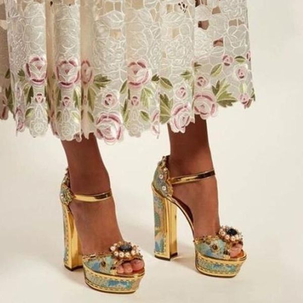 

sandals square heel crystal flower women platform embroider rivet summer female shoes runway show rhinestone ruffles pumps, Black