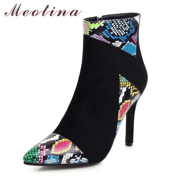 

meotina snake print super high heel ankle boots women shoes pointed toe thin heels zipper fashion ladies short boots winter 461, Black