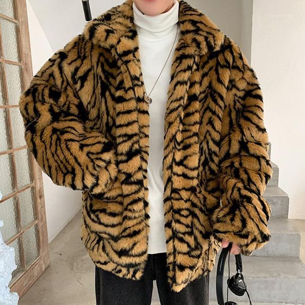 

men's fur & faux man winter keep warm coat korean style fashion long sleeve tiger leopard print thicken imitation retro loose coats1, Black