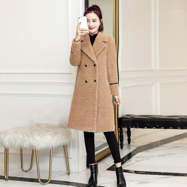 

warm faux mink coat women turn-down collar long woolen coats plus size outerwear casual overcoat1, Black