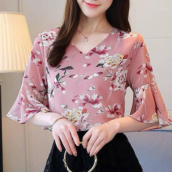 

women's blouses & shirts women's spring summer style chiffon shirt elegant printed ruffles half sleeve v-neck korean loose dd8503, White