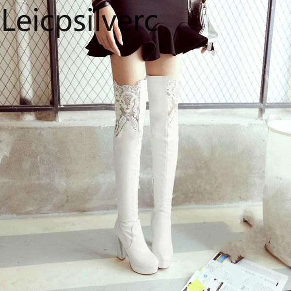 

women's boots winter new style fashion round head zipper lace thick heel high heel women's over the knee boots plus size 33-43, Black