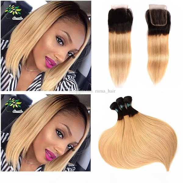 

1b 27 two tone hair bundles brazilian virgin hair 3pcs with lace closure dark root strawberry blonde straight hair with lace closure, Black;brown