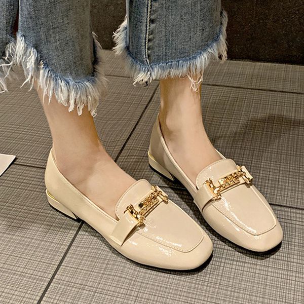 

2020 new women pumps korean student low heel metal buckle loafers fashion square head ladies shoes comfortable women shoes, Black