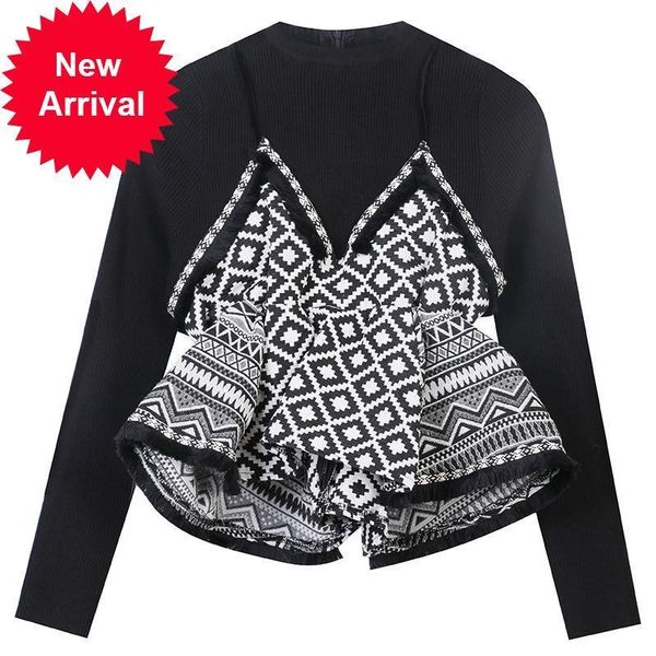 

new autumn 2021 new black design mesh mending women high street fashion chic temperament long pullovers sleeve qq5i, White;black