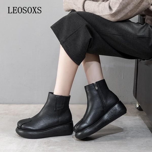 

оригинальный ручной работы кожа толстой подошве клин пятки короткие сапоги женские этнический стиль круглый носок женщин сапоги осень и зима, Black