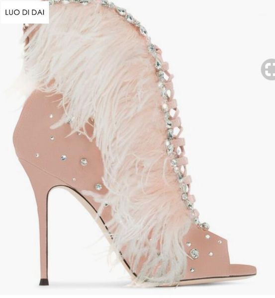 

2020 new ladies peep toe boots gladiator sandals summer boots lace up pink booties diamond stud botas feather women1, Black