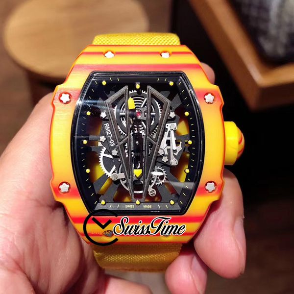 

new rm27-03 27-03 skeleton dial ntpt yellow carbon fiber case miyota automatic mens watch tellow nylon strap sport watches swisstime strm, Slivery;brown