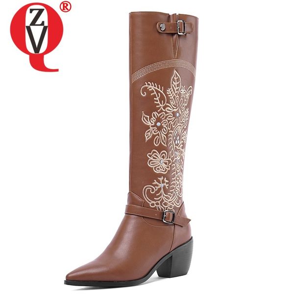 

zvq winter new fashion knee high boots outide high heels pointed toe slip-on embroider women shoes drop shipping size 34-45, Black