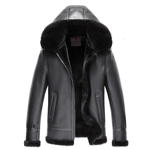 

men's leather & faux sheepskin men's short hat coat winter thick flying jacket1, Black