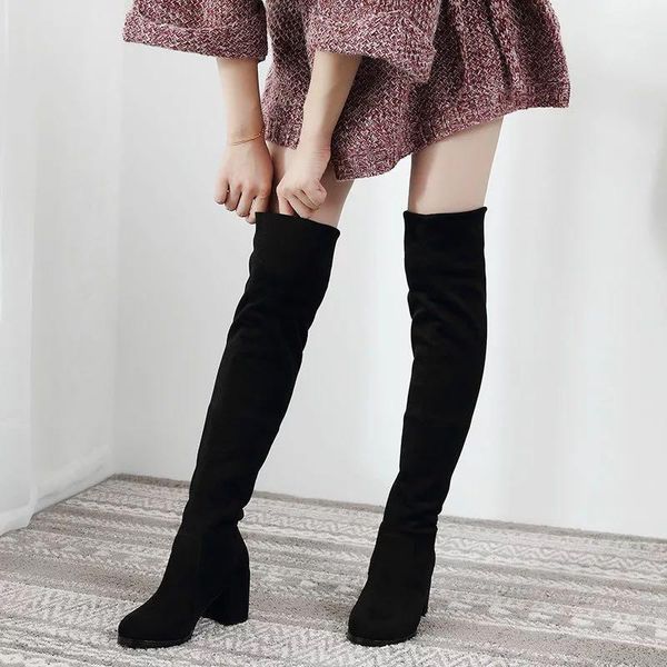 

slim fit elastic flock over the knee boots women shoes 2020 autumn winter ladies high heel overknee long thigh high botas1, Black