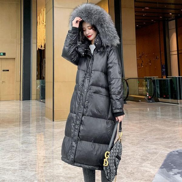 

fashion cool retro black long winter down jacket women glossy stand-up collar windproof warm winter women chic down coat parka