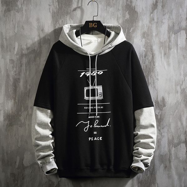 

2021 new korean men's the television printed men hooded sweatshirts autumn man casual oversized hoodies pullovers bu4w, Black