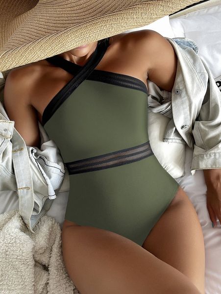 

contrast mesh one piece swimsuit r6vk#, White;black