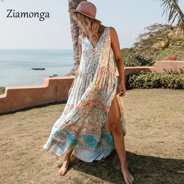 

ziamonga summer dress beach deep v-neck tank dresses floral print long dresses bohemian dress for women vestidos 20201, Black;gray