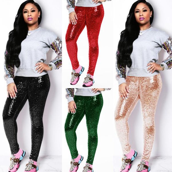 

new slim pants women sequins bright streetwear night club party pants skinny leggings 5 colors, Black;white