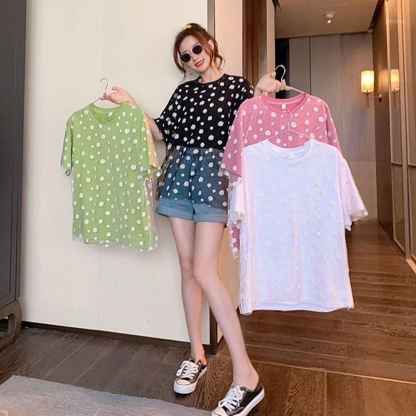 

2020 new summer women korean version small daisy net yarn splicing short sleeve t-shirt female long style tees shirt s421, White