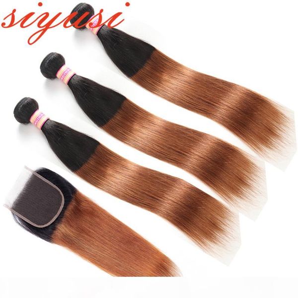 

ombre human hair 3 bundles with closure 1b 30 1b 27 straight brazilian human hair with closure thick bundles no shedding lace closure, Black;brown