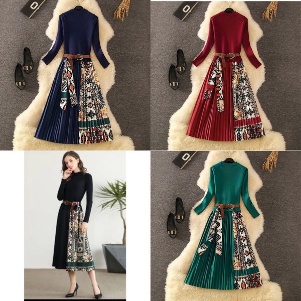 

elegant knitted patchwork pleated midi dress 2019 fall winter fashion women long sleeve ethnic retro printing pleated dress h1210, Black;gray