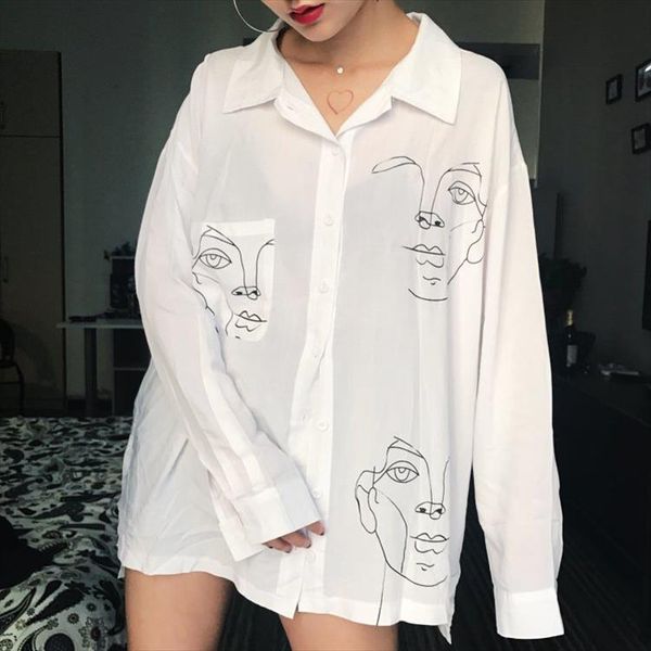 

retro women shirts white shirt face print loose blouses cotton shirts long sleeve white blouse lady spring summer all match