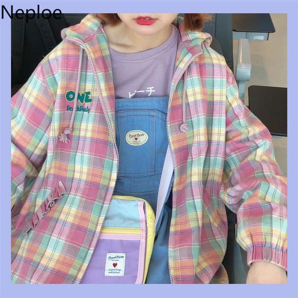 

neploe 2020 autumn pink plaid hooded coat japanese women sweet loose casual jacket long sleeve zipper pocket outwear 54394 1014, Black;brown