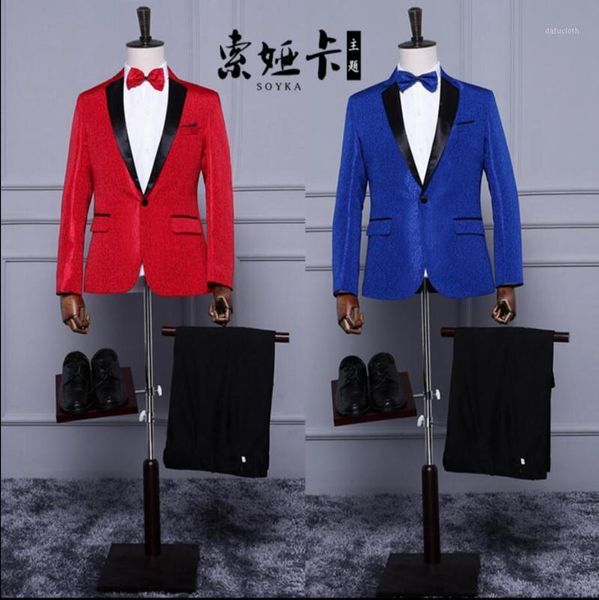 

new blue jacquard men printing suit slim fit tuxedo wedding suits dess groom singer stage show costumes (jacket+pants)1, White;black