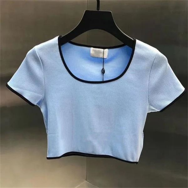 T-shirt da donna in maglia con lettera frontale, camicetta corta classica, manica corta, colletto tondo, polo in cotone