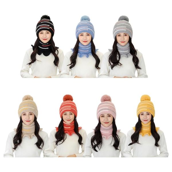 

hats, scarves & gloves sets women winter knit 2pcs beanie hat ruffled turtleneck collar scarf set colorful striped plush lined pompom skulli, Blue;gray