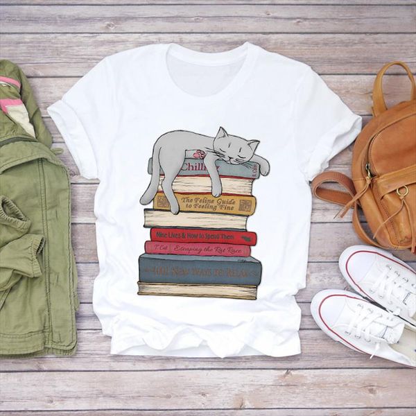 

women cartoon cat funny cute fashion casual 90s print lady t shirts womens graphic t shirt ladies female tee shirt, White