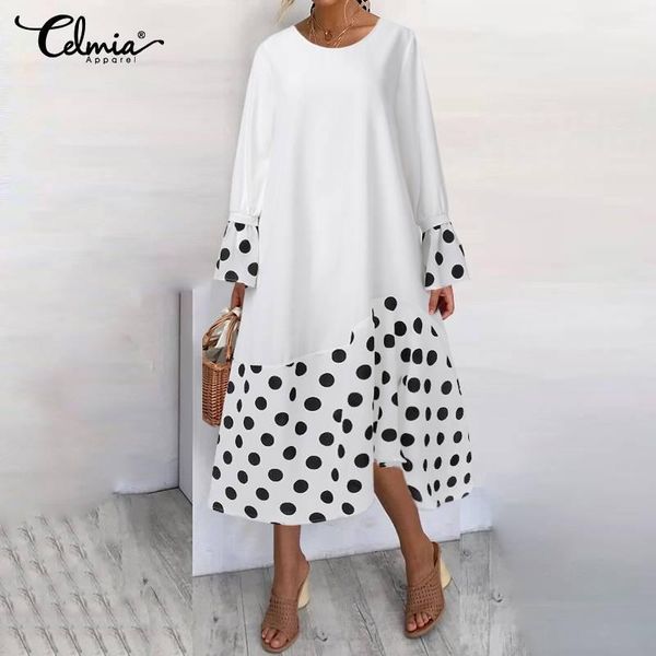 

casual dresses women's mid-calf dress celmia 2021 autumn vintage polka dot patchwork shirt sundress flare sleeve o-neck asymmetric robe, Black;gray