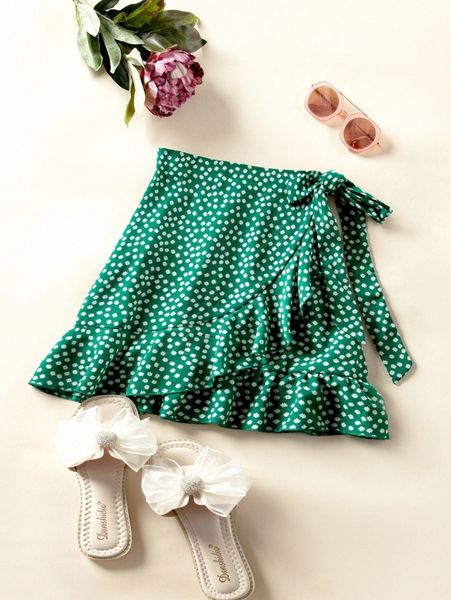 

ditsy floral ruffle trim wrap knot skirt b7p1#, Black