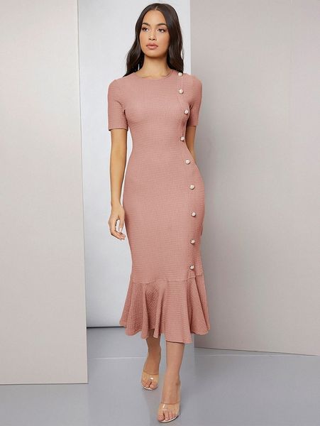 

pearl button detail mermaid hem dress q3ss#, Black;gray