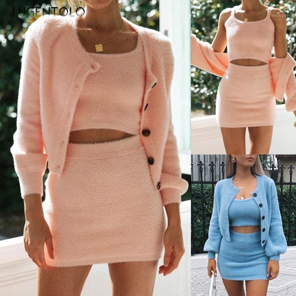

lugentolo autumn women three-piece set slim-fit spaghetti strap long sleeve cardigan jacket short skirt lady solid sets1, Gray