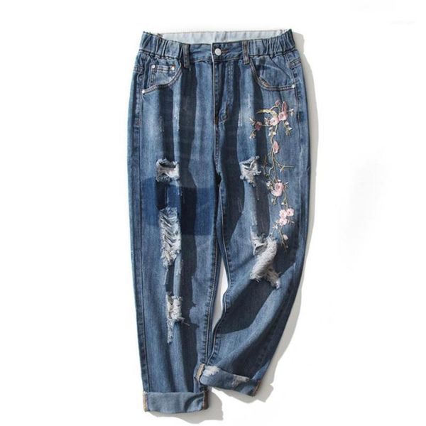 

women's jeans can fit 90kg girls plus size female 100% cotton hand made hole with flowers embroidery wide leg wq1071 drop1, Blue