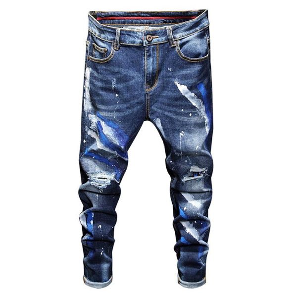 

men's holes ripped patchwork stretch denim jeans trendy painted blue slim pants trousers