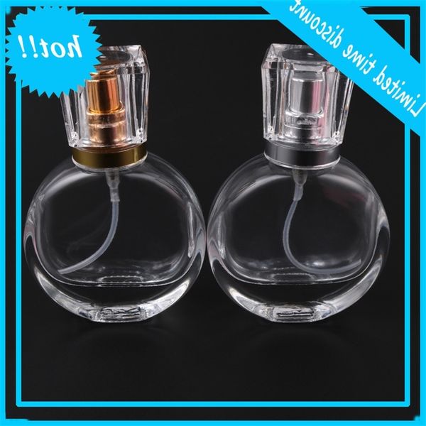 

25ml clear glass essential oil perfume bottles oblate shape thick wall spray bottle with gold silver pump sprayer