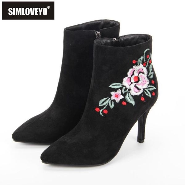 

simloveyo women ankle boots elegant pointed toe thin heels 9cm embroidered zip short plush big size 33-43 outdoor wine red b2141, Black