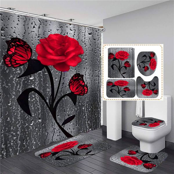 

bathroom sets shower curtain set 4 pieces a set waterproof washroom bath curtains lid toilet cover mat non-slip pedestal rug set