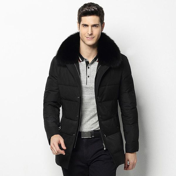 

brand men's 80% gray duck down jacket middle-aged men smart business genuine fur collar mid-length thick warm down coat, Black