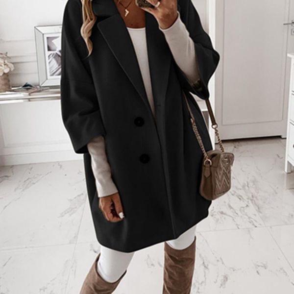 

women's wool & blends 2021 winter loose women overcoat solid color female outerwear fashion casual elegant warm ladies coat, Black