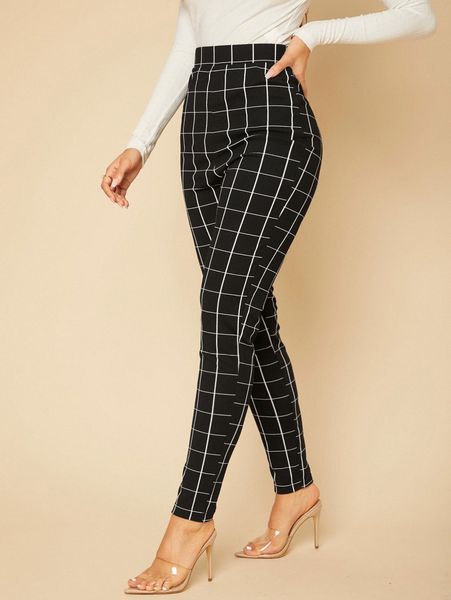 

tall high waist plaid graphic skinny pants w03j#, Black;white