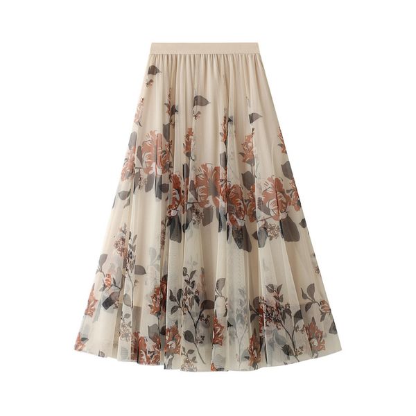 

new 2021 women summer boho a-line mesh high waist three layer flower print long skirt elegant faldas jupe saia f46p, Black
